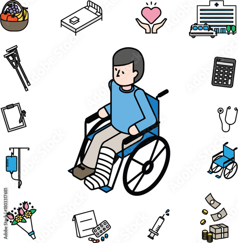 Man recovering in wheelchair surrounded by medical icons symbolizing care, treatment, and recovery journey