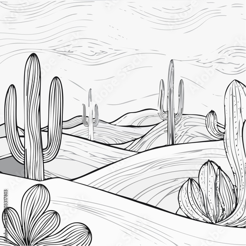 Desert Landscape with Cacti and Rolling Hills.
