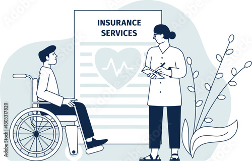 Caring healthcare professional assists patient in wheelchair discussing insurance services with vital signs heart graphic