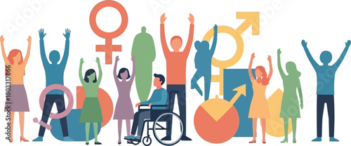 Diverse group celebrates unity and equality with raised hands, embodying inclusion and diversity in a vibrant, modern style.