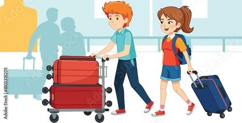 Excited young couple with luggage cart and suitcase happily arriving for vacation adventure, ready for travel experiences