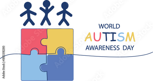 Celebrate World Autism Awareness Day with vibrant puzzle pieces and diverse figures, promoting understanding and inclusion for all.