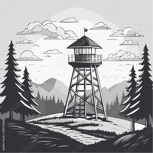 Fire Lookout Tower in Forested Mountain Landscape Illustration.