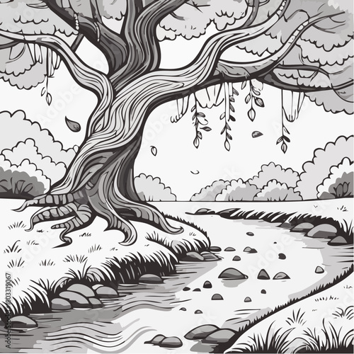 Gnarled old tree by a rocky stream.