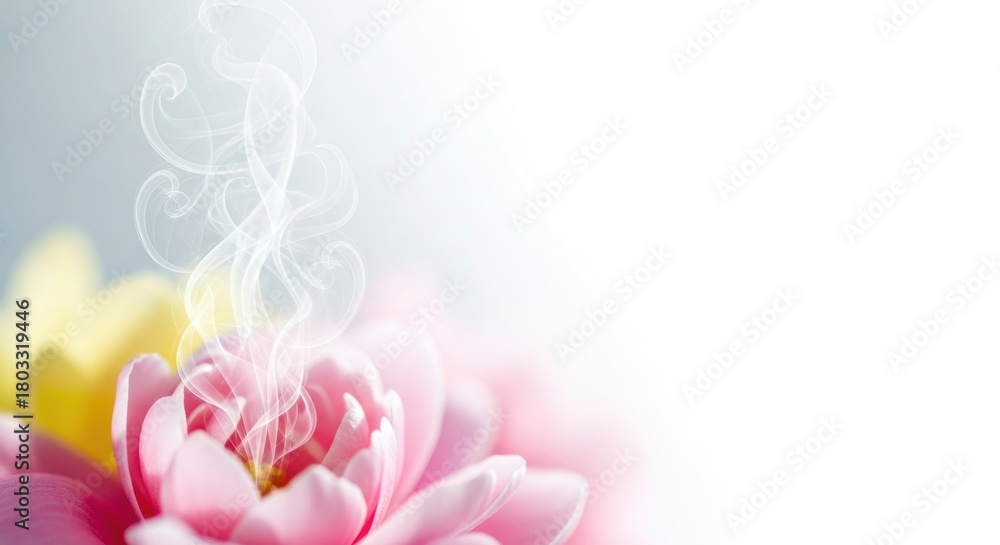 Fototapeta premium Pink and yellow flowers with a white smoke effect in the background.