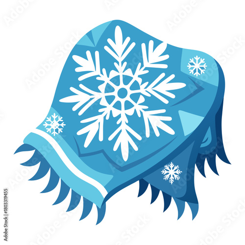 Blue Winter Scarf with Snowflake Design Vector Graphic Illustration. Warm Accessory for Cold Season, Fashion Apparel Item. 