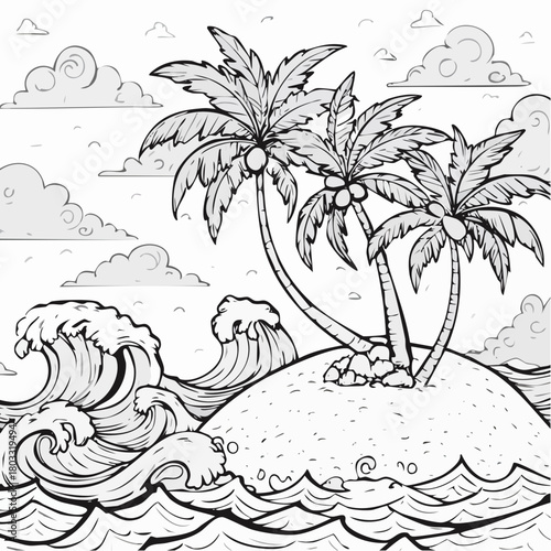 Island Paradise with Palm Trees and Waves.