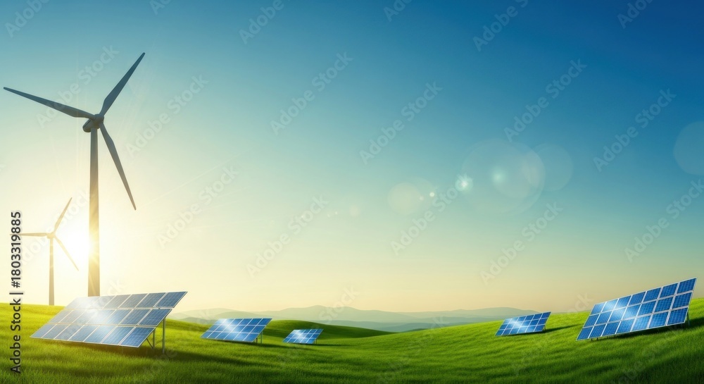 Fototapeta premium A green hillside with solar panels and wind turbines in the distance, under a clear blue sky with a few scattered clouds.