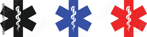 Black blue and red star of life medical symbols with white caduceus emergency healthcare