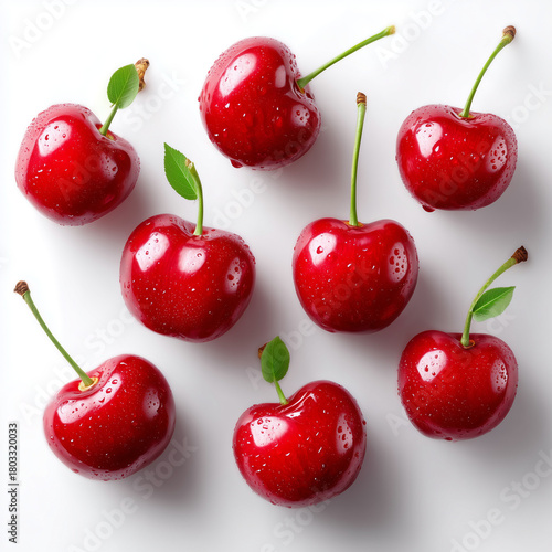 Red Cherries: a vibrant arrangement of perfectly ripe cherries, glistening with freshness. capturing the essence of summer and sweetness