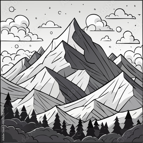 Majestic Mountain Range Landscape with Pine Trees and Clouds.