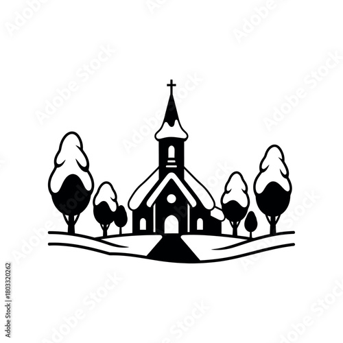 Black and White Church on a Hill Illustration.