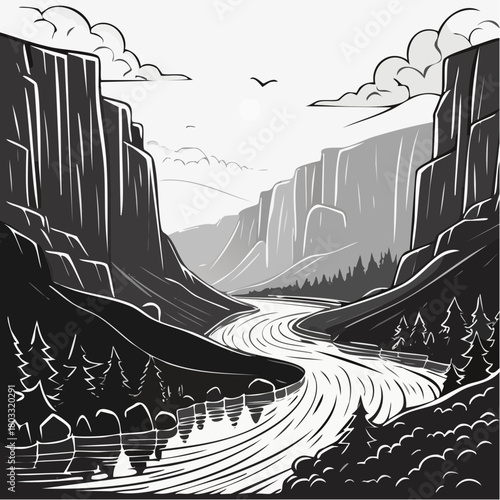 Majestic Canyon River Landscape Illustration.