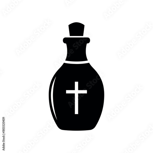 Black silhouette of a holy water bottle with a cross symbol.