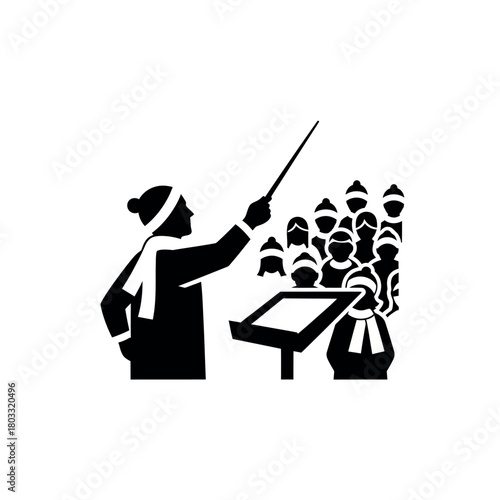 Choir Conductor Directing Winter Carolers Silhouette.