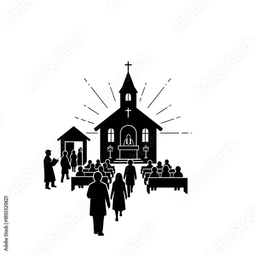 Church gathering illustration with people attending service.