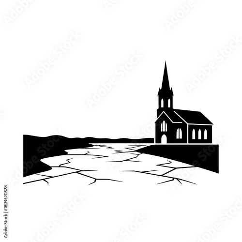 Church on Cracked Earth Landscape.