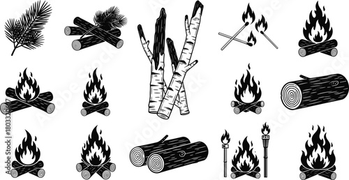 Collection of black and white illustrations of campfires logs pine branches and torches