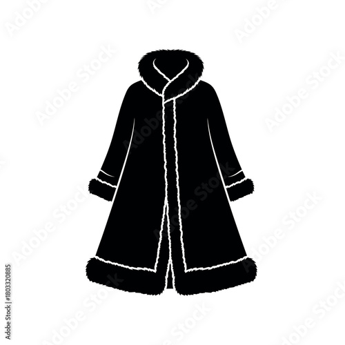 Long winter coat with fur trim and hood black and white illustration.