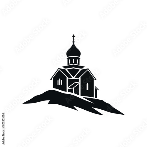 Orthodox church silhouette on a hill landscape.