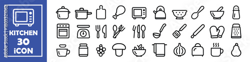 Collection of 30 hand drawn kitchen and cooking icons.