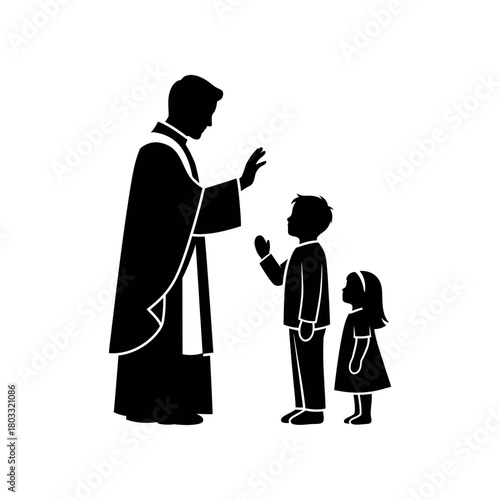 Priest blessing children in religious ceremony.