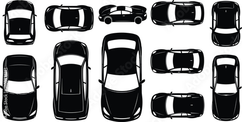 Collection of black car silhouettes from top and side views on white background automobile
