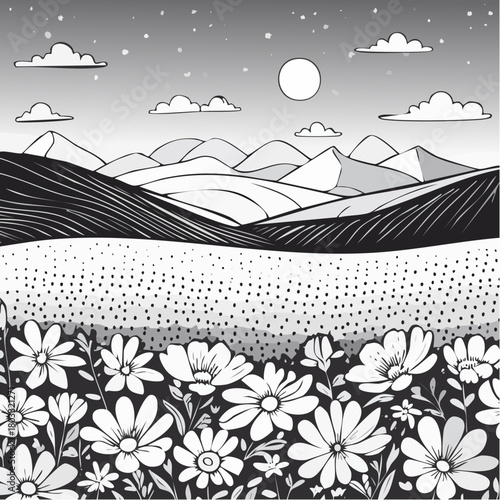 Monochromatic Landscape with Wildflowers and Mountains.
