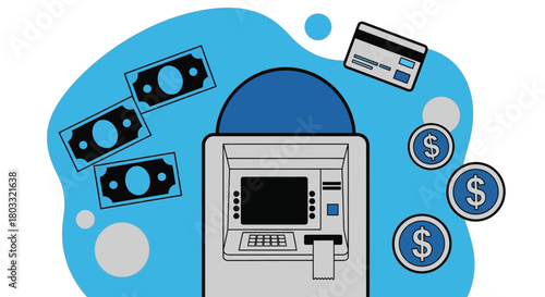 Get cash fast from ATM with cards, bills, and coins flowing around