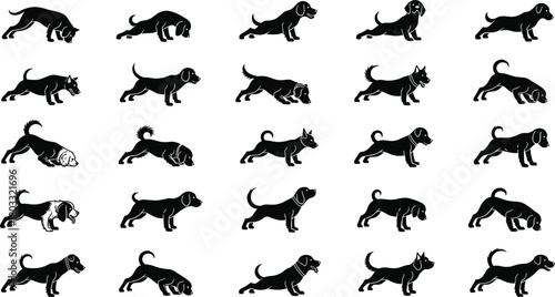 Collection of black dog silhouettes in various poses and breeds on white background