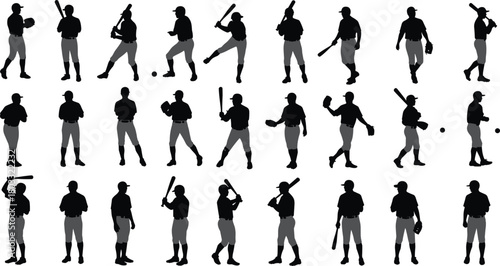 Collection of black silhouette baseball players in various poses and actions white background