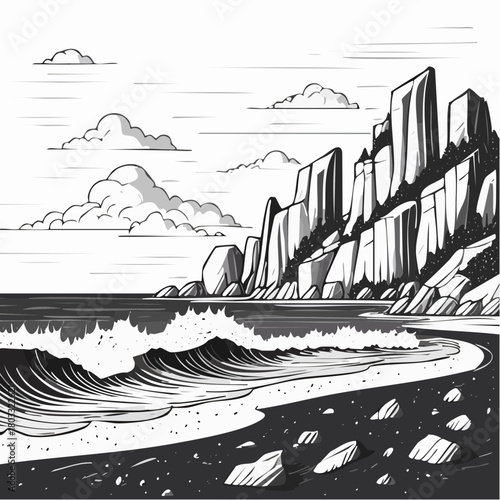 Ocean waves crashing on a rocky beach with cliffs and clouds.