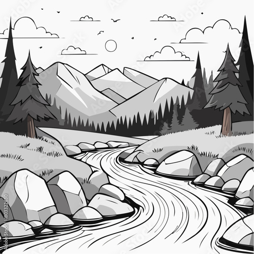Mountain River Landscape Black and White.