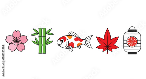 Vibrant Japanese icons cherry blossom koi bamboo maple lantern