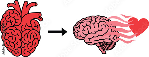 Red heart brain transforming into pink brain with red heart and pink flames transformation