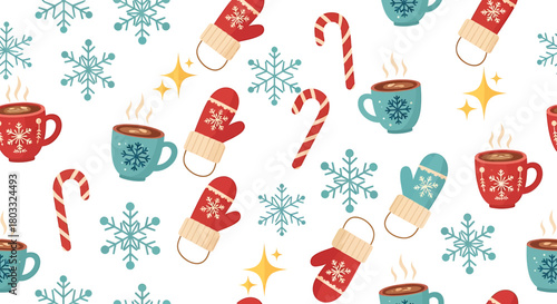 Festive winter pattern featuring mugs of hot cocoa, mittens, candy canes, and snowflakes on a white background.