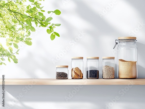 Glass jars filled with dry goods and spices are arranged on a wooden shelf, with natural light and foliage creating a serene atmosphere.