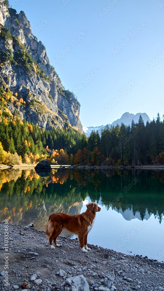 Naklejka premium A scenic vertical photo of a brown dog standing on a lakeshore with a stunning reflection of mountains and trees
