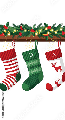 Festive Christmas stockings hanging from a decorated mantelpiece with lights and greenery.