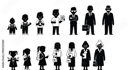 Diverse people silhouettes show life stages from baby to elder