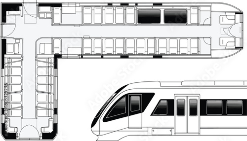 Train interior floor plan and exterior side view line drawing subway metro