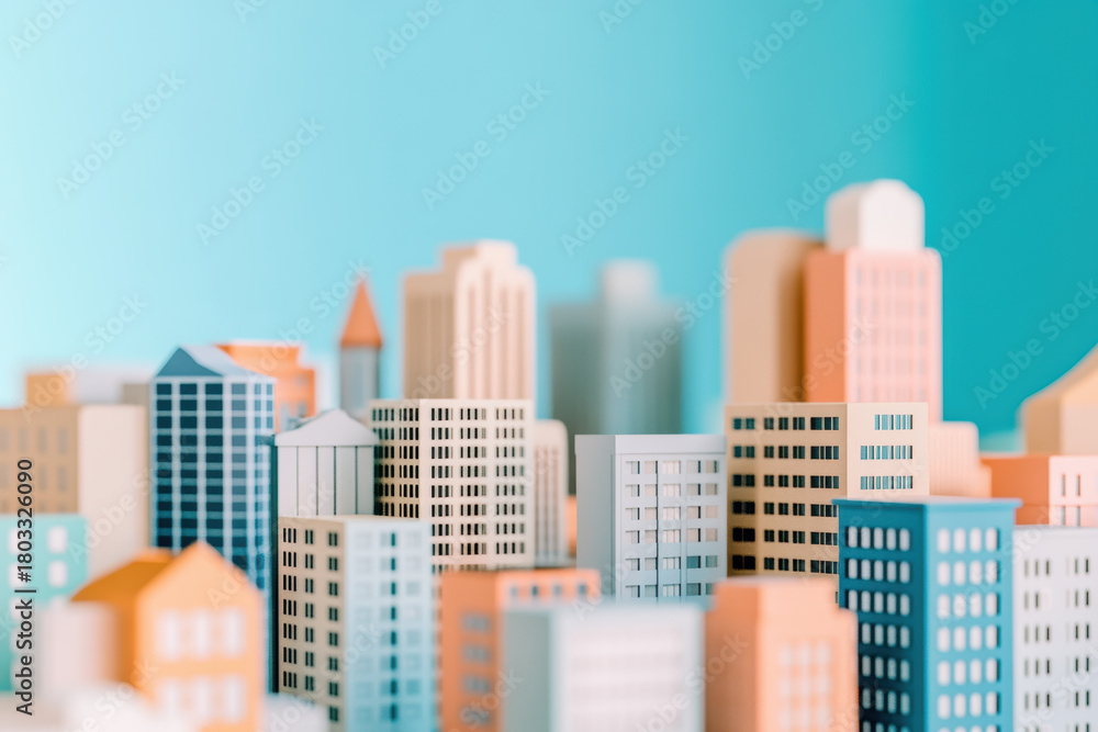 Obraz premium Colorful Miniature Cityscape with Modern Architecture Against Blue Skyline