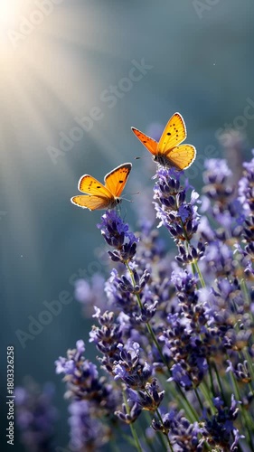 Two beautiful orange butterfly flying over purple lavender flower in summer nature. Peaceful sunlight creating serene colorful scenery