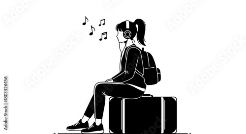 Young traveler with headphones listens to music while waiting with luggage