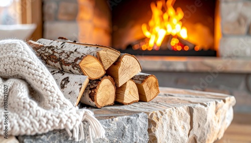 A stack of birch firewood and a cozy blanket on a stone hearth with a burning fireplace in the background.