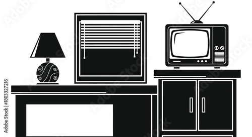 Retro television set on cabinet next to desk with lamp and blinds
