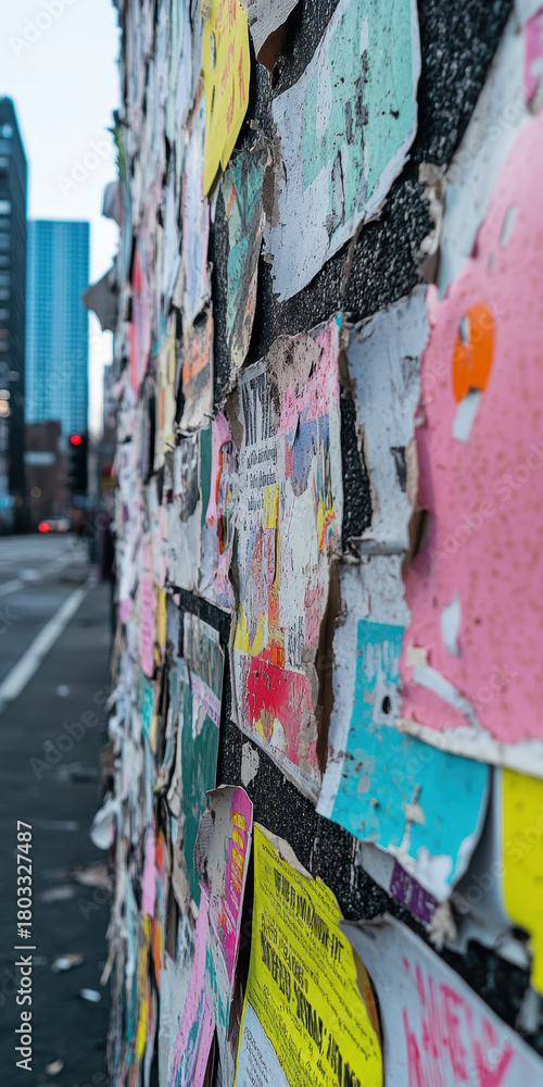 Fototapeta premium Urban Street Wall Covered in Colorful Torn Posters in City Landscape