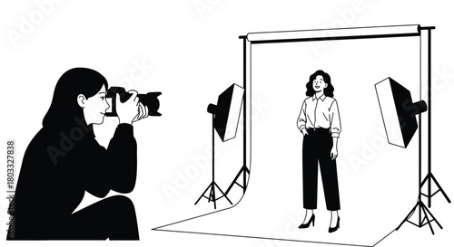 Creative photographer captures professional portrait in modern studio setup