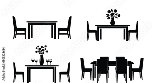 Elegant dining sets with chairs, flowers, and wine glasses