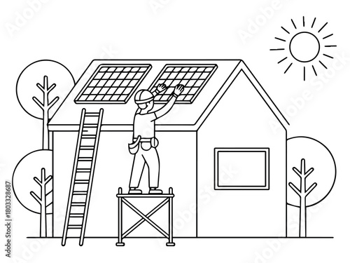 Vector a worker installing solar panels on a house roof with ladder and trees in the background sun shining